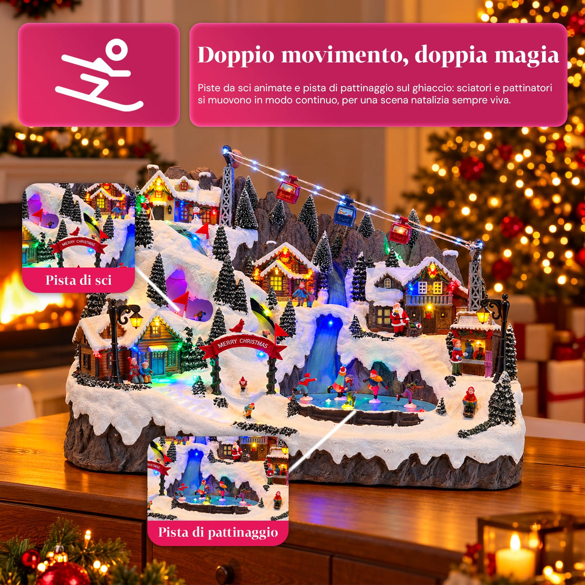 Villaggio di Natale luminoso con piste da sci e pattinaggio in movimento, luci LED e musica – 56x37x42 cm