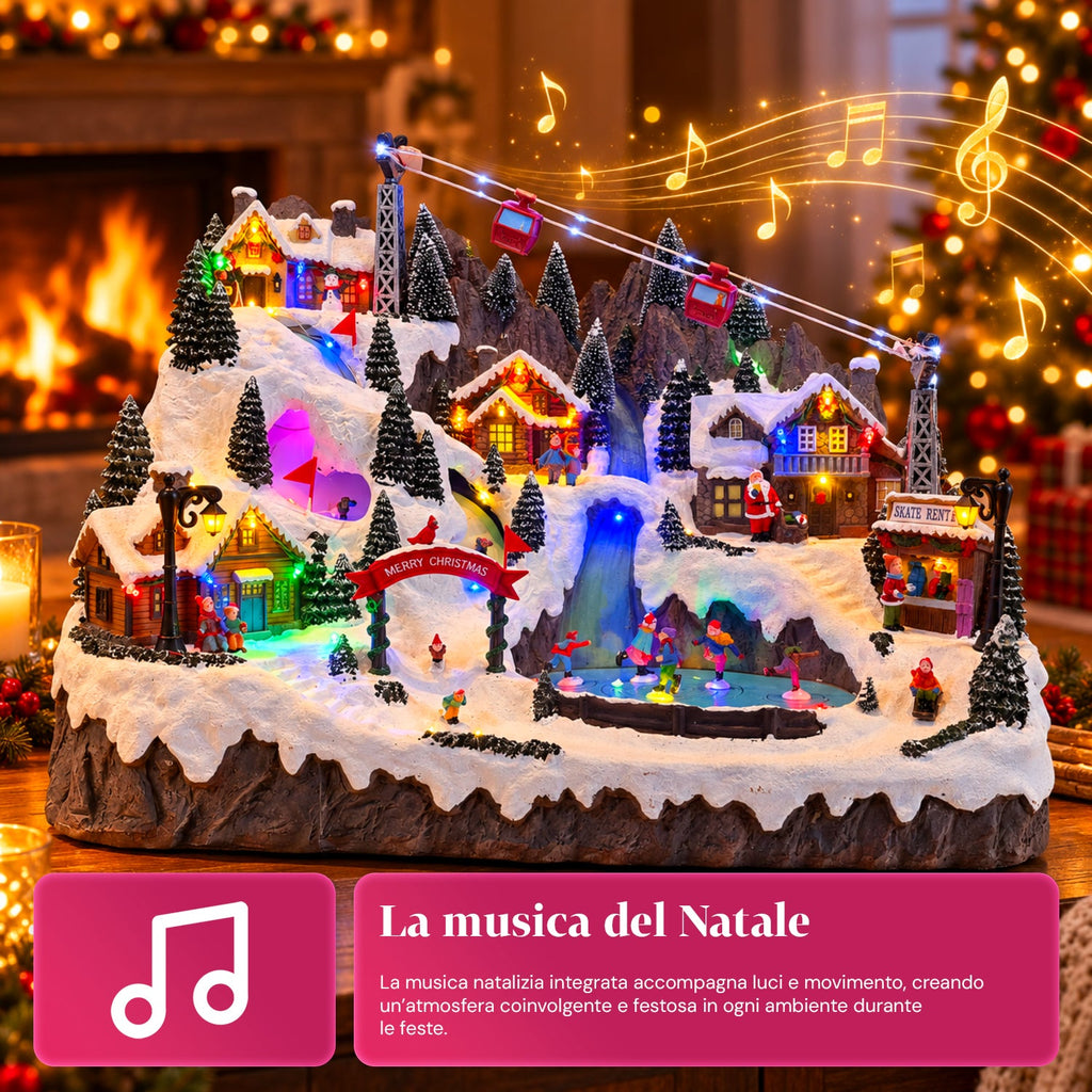 Villaggio di Natale luminoso con piste da sci e pattinaggio in movimento, luci LED e musica – 56x37x42 cm