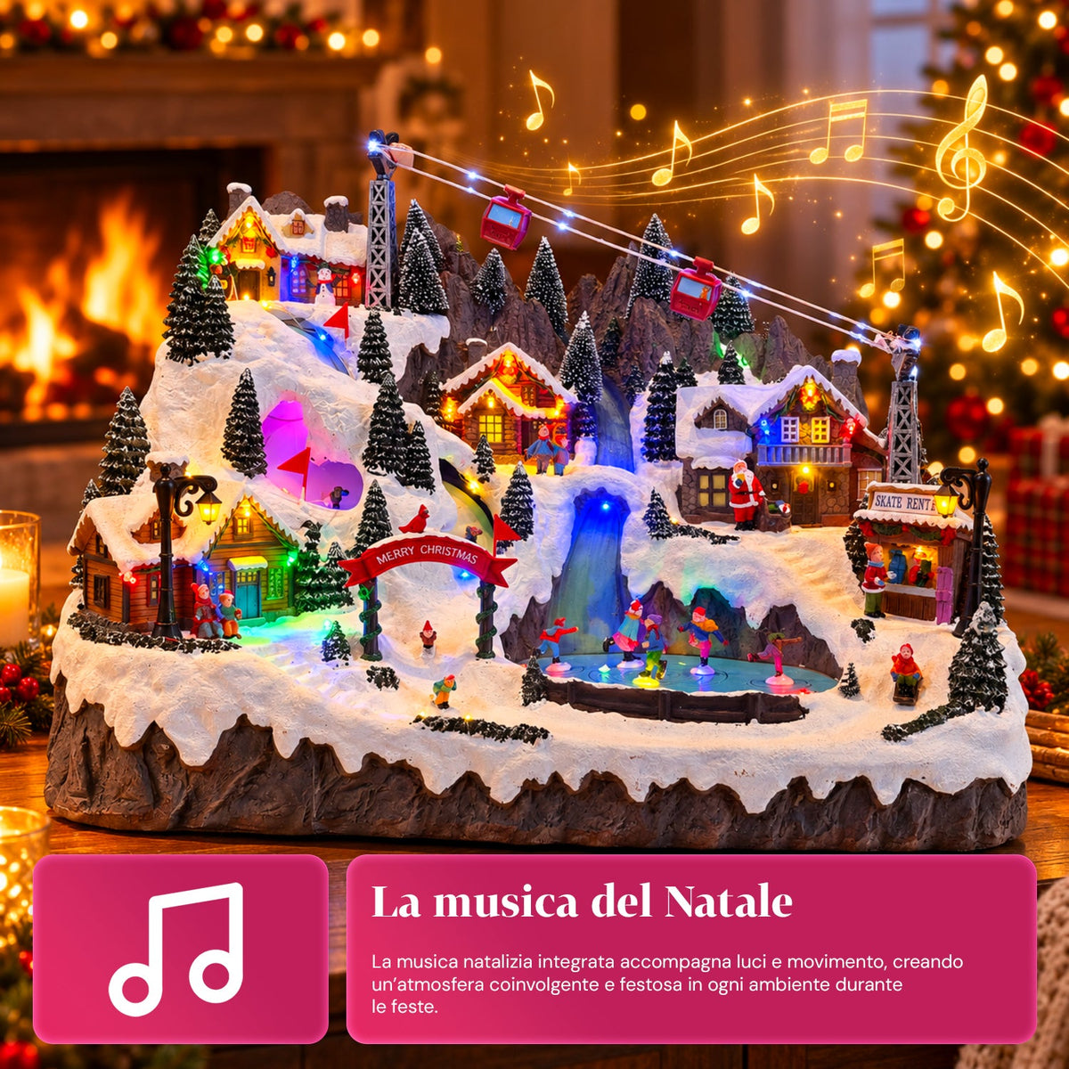 Villaggio di Natale luminoso con piste da sci e pattinaggio in movimento, luci LED e musica – 56x37x42 cm