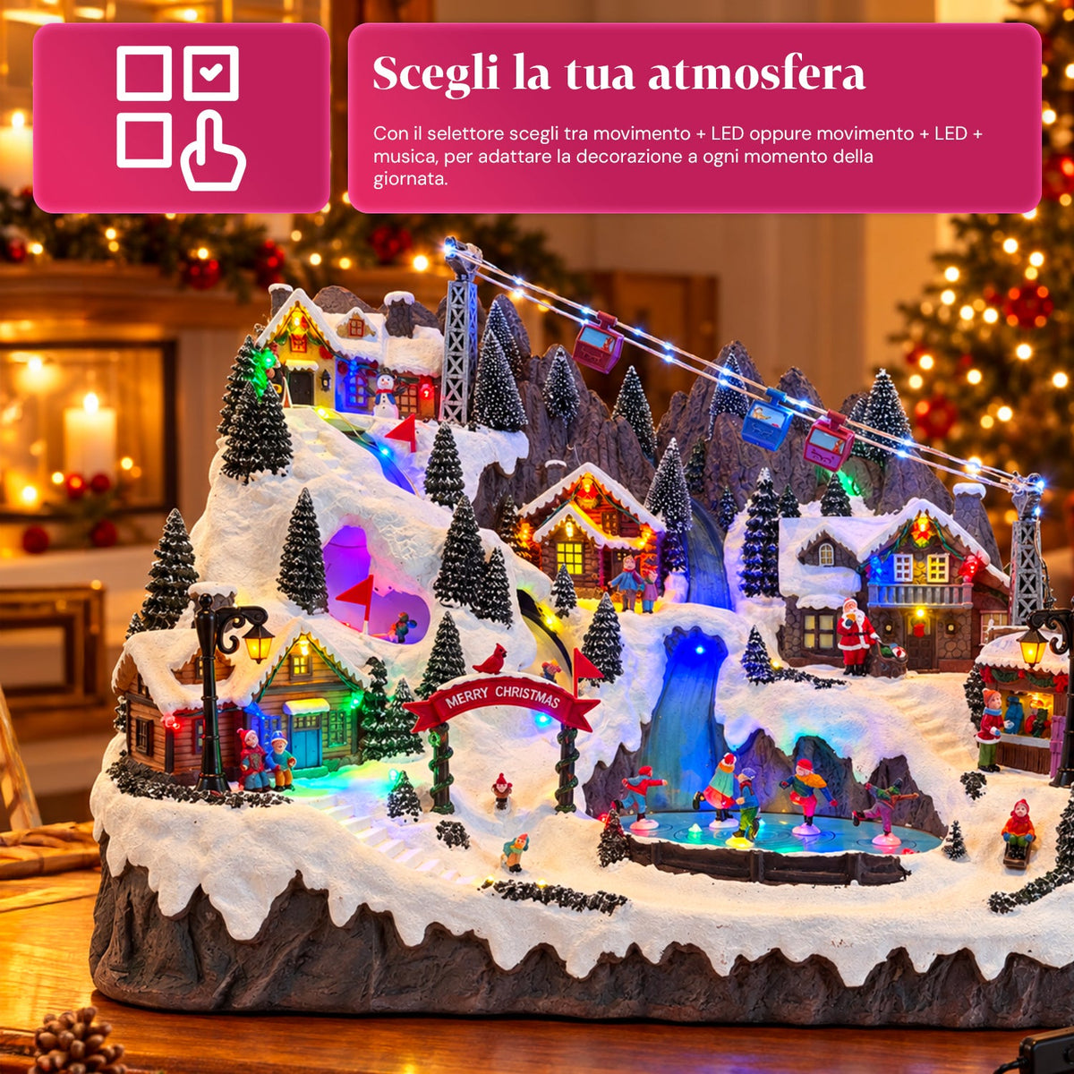 Villaggio di Natale luminoso con piste da sci e pattinaggio in movimento, luci LED e musica – 56x37x42 cm