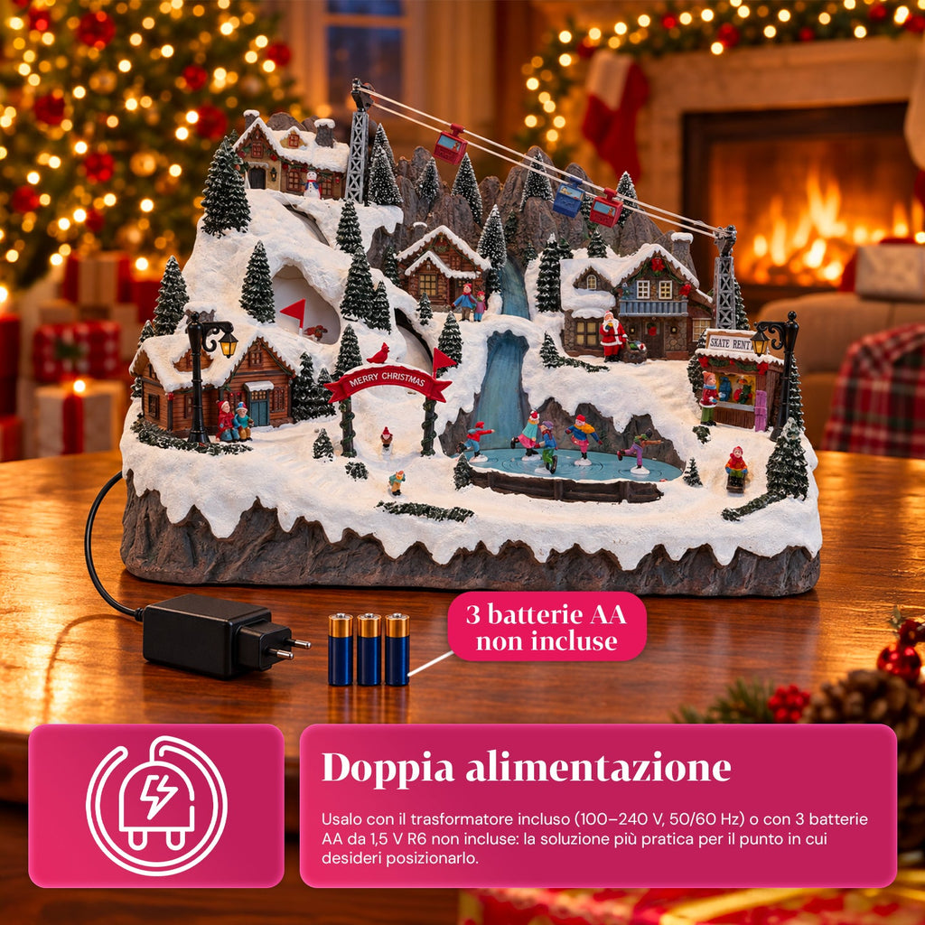 Villaggio di Natale luminoso con piste da sci e pattinaggio in movimento, luci LED e musica – 56x37x42 cm