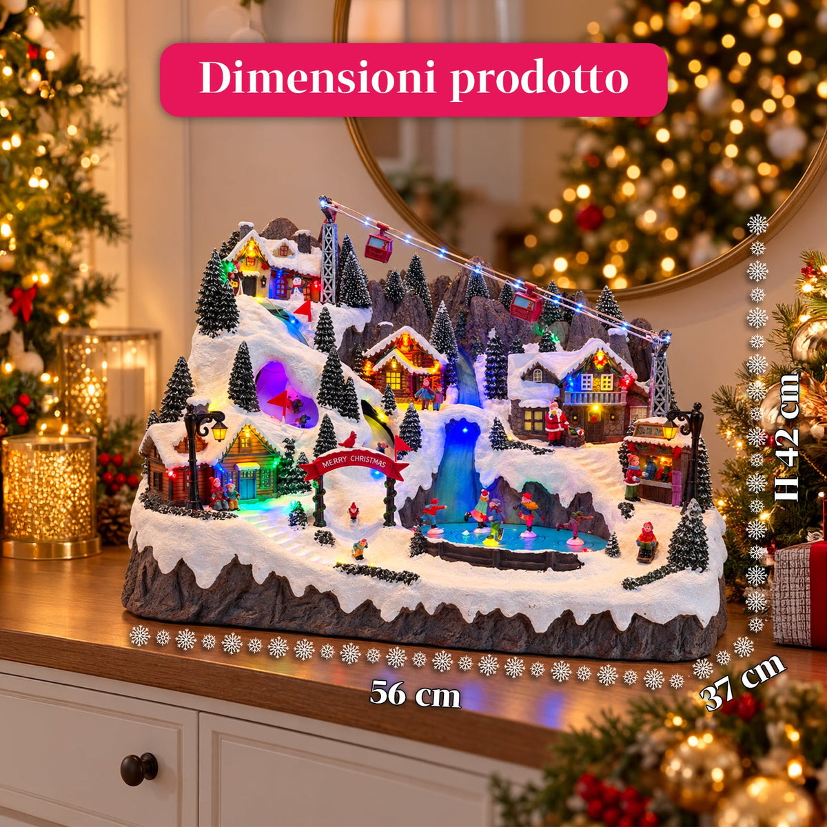 Villaggio di Natale luminoso con piste da sci e pattinaggio in movimento, luci LED e musica – 56x37x42 cm