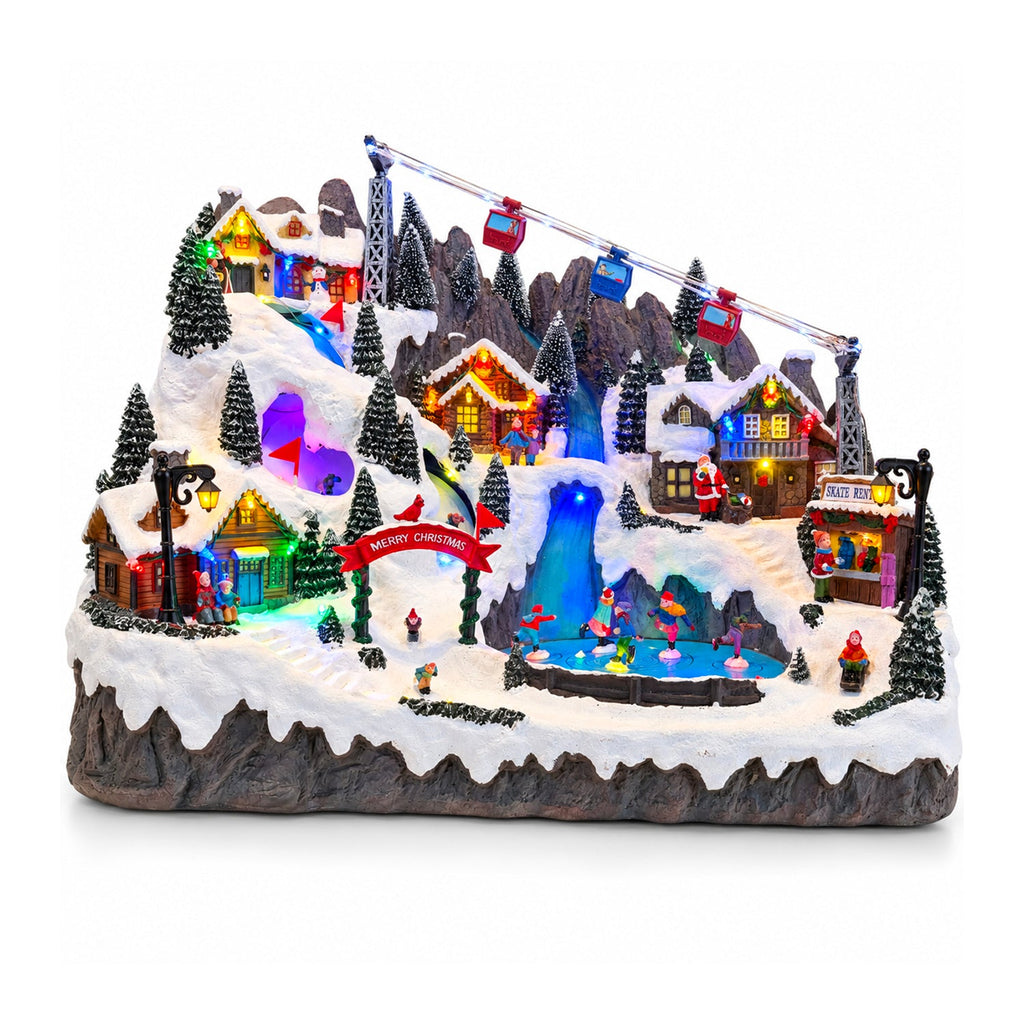 Villaggio di Natale luminoso con piste da sci e pattinaggio in movimento, luci LED e musica – 56x37x42 cm