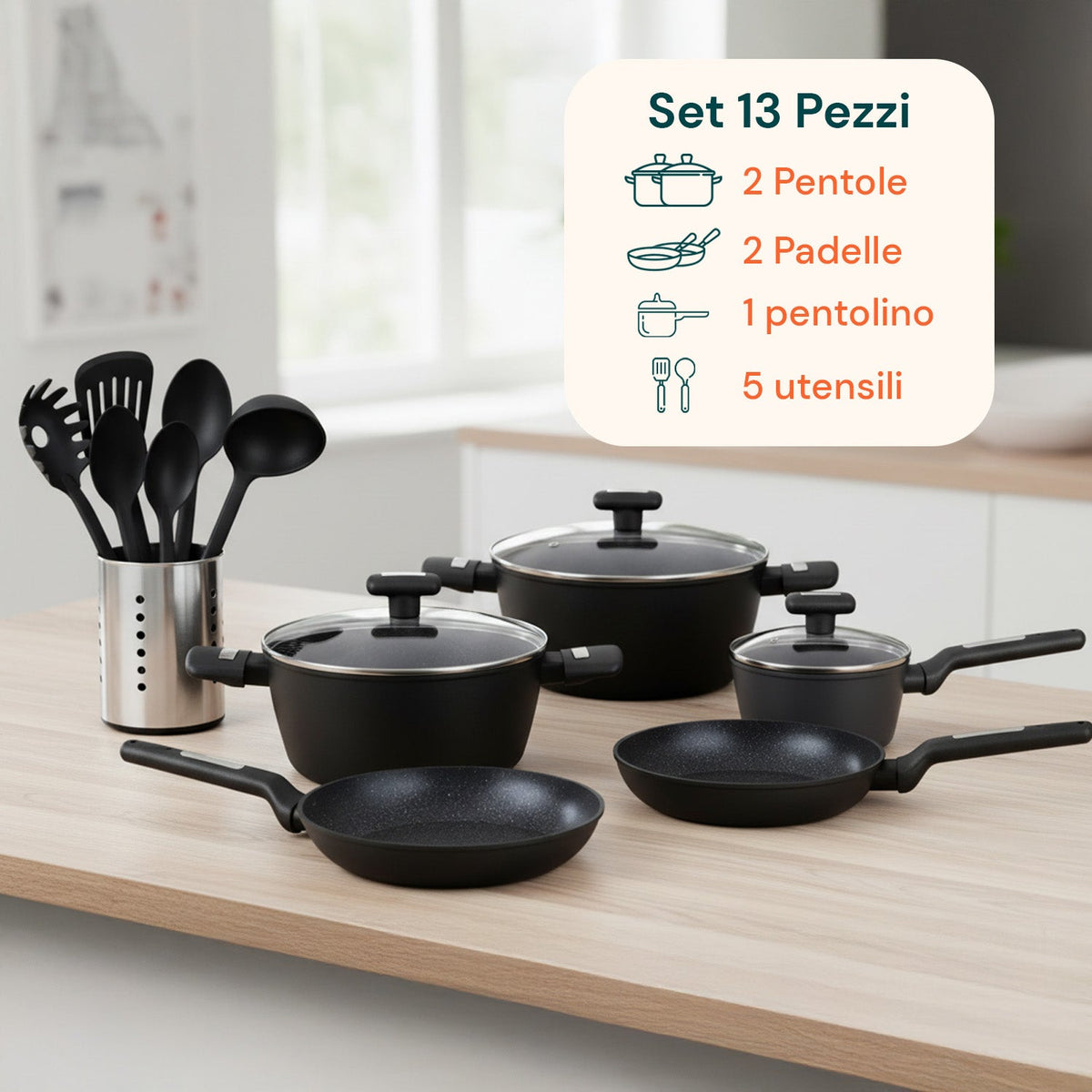 Set di pentole completo da 13 pezzi in vari colori con mestoli inclusi