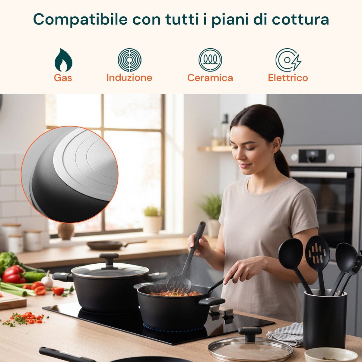 Set di pentole completo da 13 pezzi in vari colori con mestoli inclusi