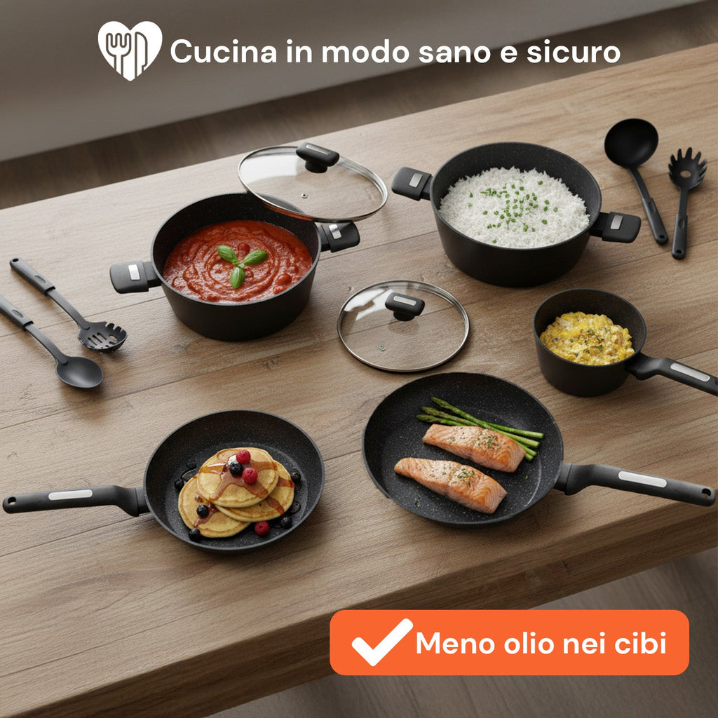 Set di pentole completo da 13 pezzi in vari colori con mestoli inclusi