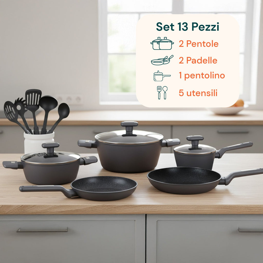 Set di pentole completo da 13 pezzi in vari colori con mestoli inclusi