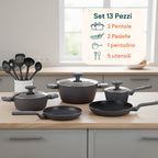 Set di pentole completo da 13 pezzi in vari colori con mestoli inclusi