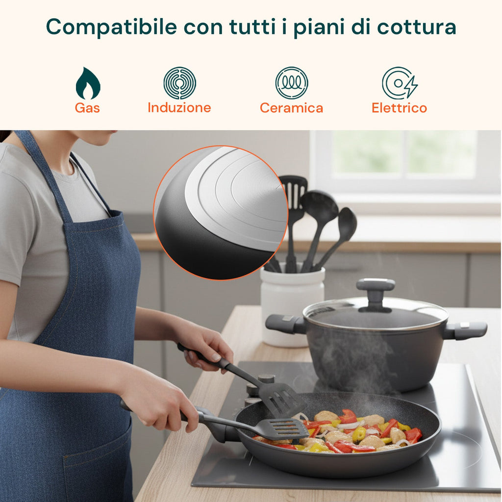 Set di pentole completo da 13 pezzi in vari colori con mestoli inclusi
