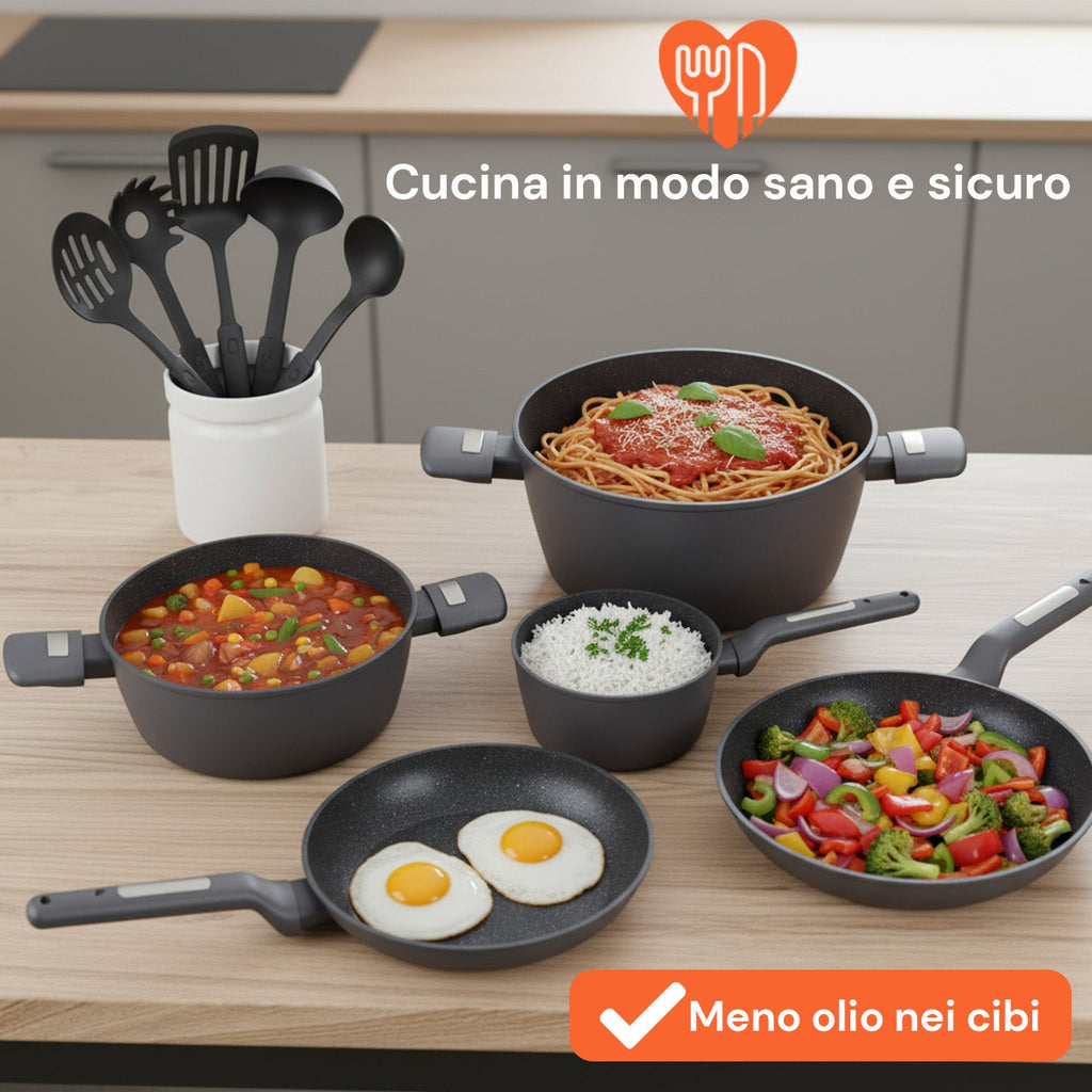 Set di pentole completo da 13 pezzi in vari colori con mestoli inclusi