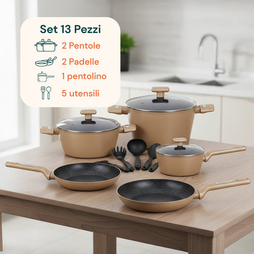 Set di pentole completo da 13 pezzi in vari colori con mestoli inclusi