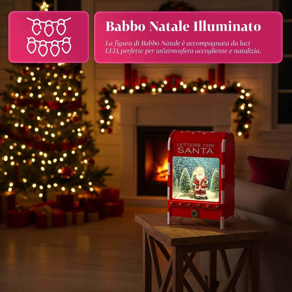 Cassetta Postale di Natale con Babbo Natale – LED, Musica e Effetto Neve