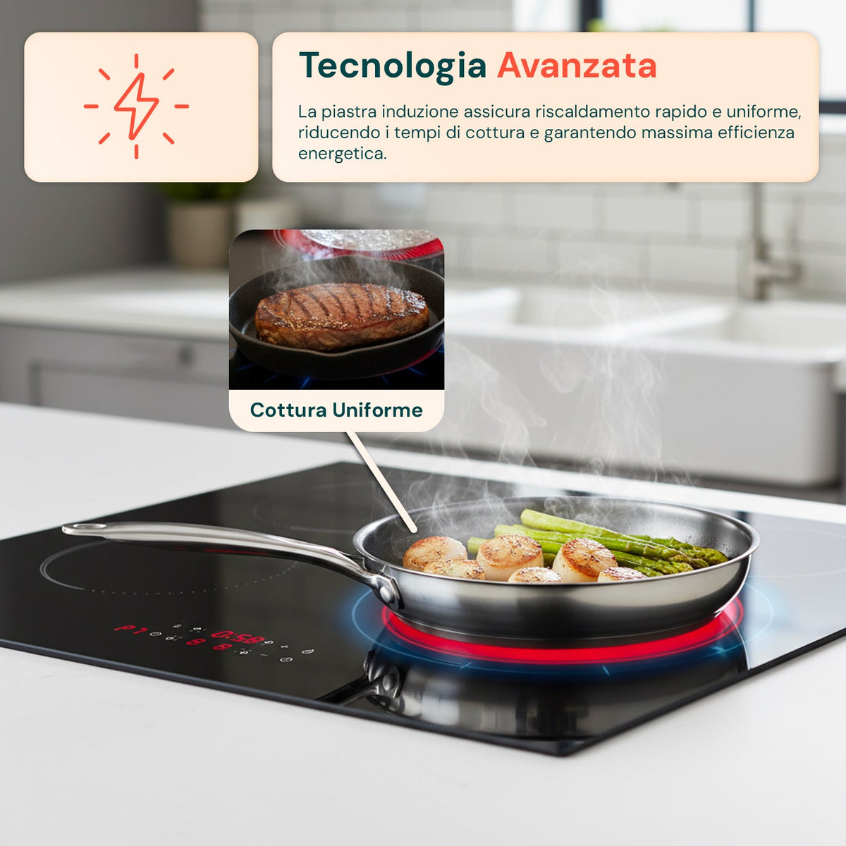 Piano a induzione da incasso con 4 zone di cottura – Potenza 7200W