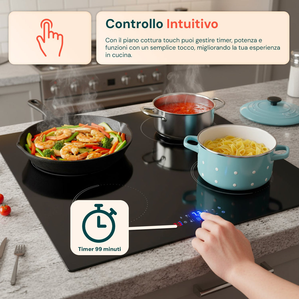 Piano a induzione da incasso con 4 zone di cottura – Potenza 7200W