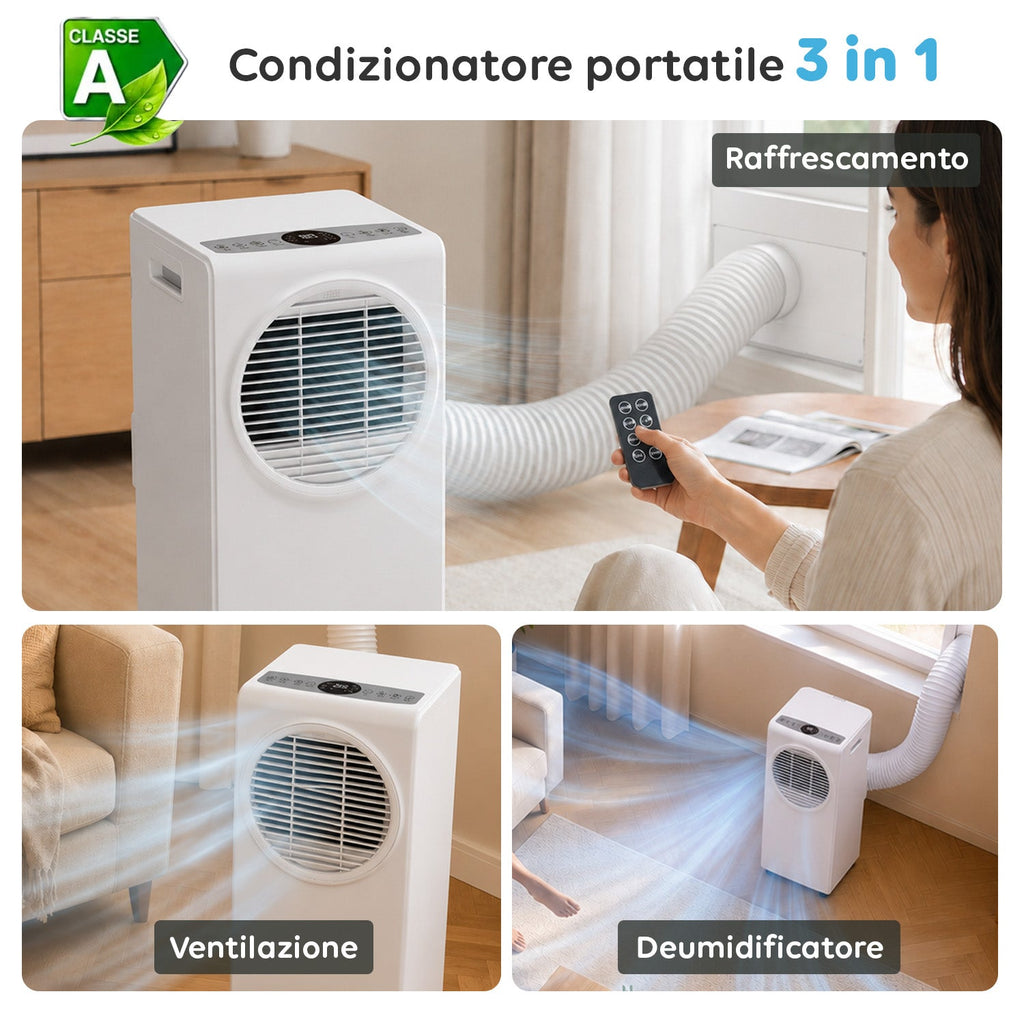 Condizionatore portatile 9000 BTU 3 in 1 in ABS con telecomando (Classe A R290), 950W + timer