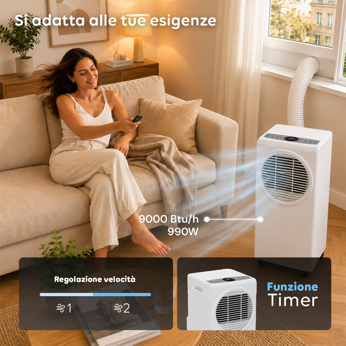 Condizionatore Portatile 9000 BTU 3 in 1 in ABS con Telecomando (Classe A R290), 950W + Timer
