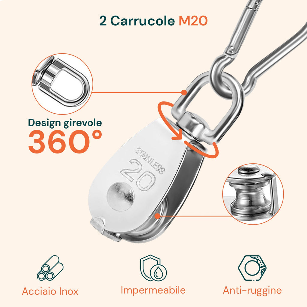 Kit Carrucola in Acciaio Inox con Fune 20 m – Resistente e Completo di Accessori