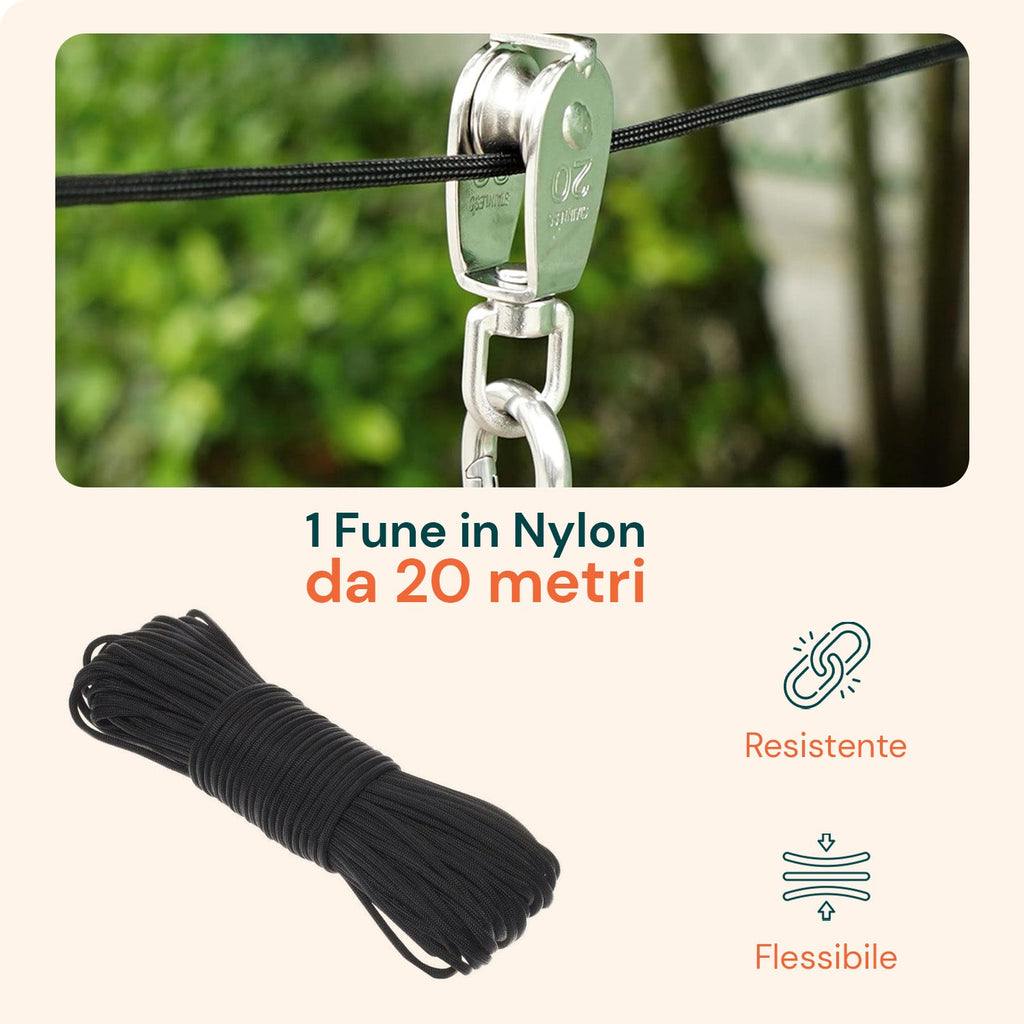Kit Carrucola in Acciaio Inox con Fune 20 m – Resistente e Completo di Accessori