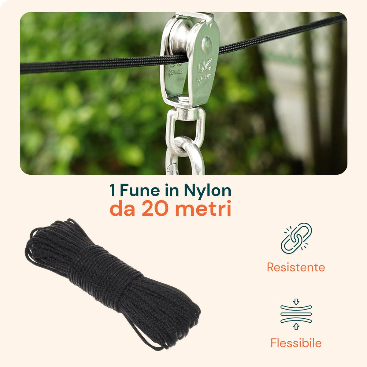 Kit Carrucola in Acciaio Inox con Fune 20 m – Resistente e Completo di Accessori