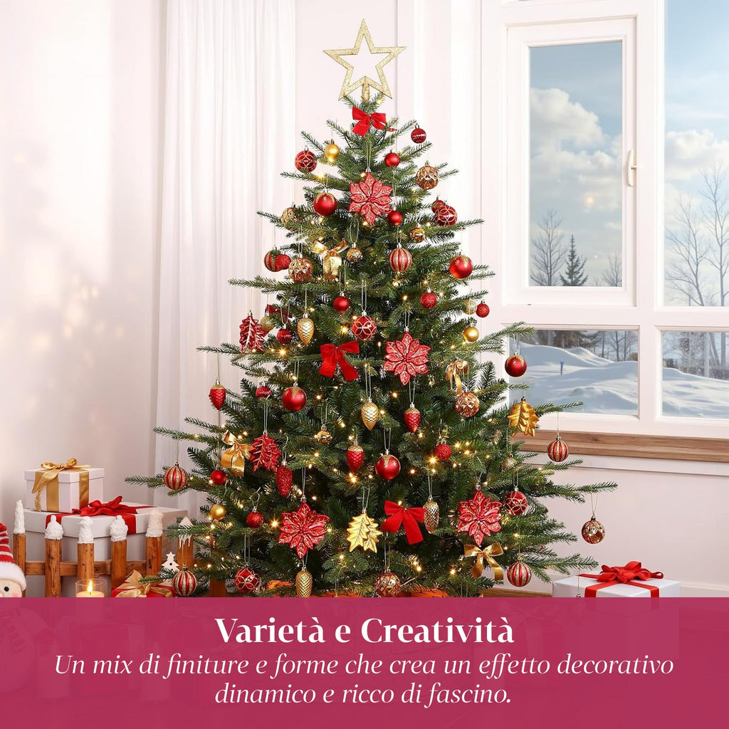 Set Addobbi Natalizi 106 Pezzi Rosso e Oro – Con Stelle e Fiori Glitter