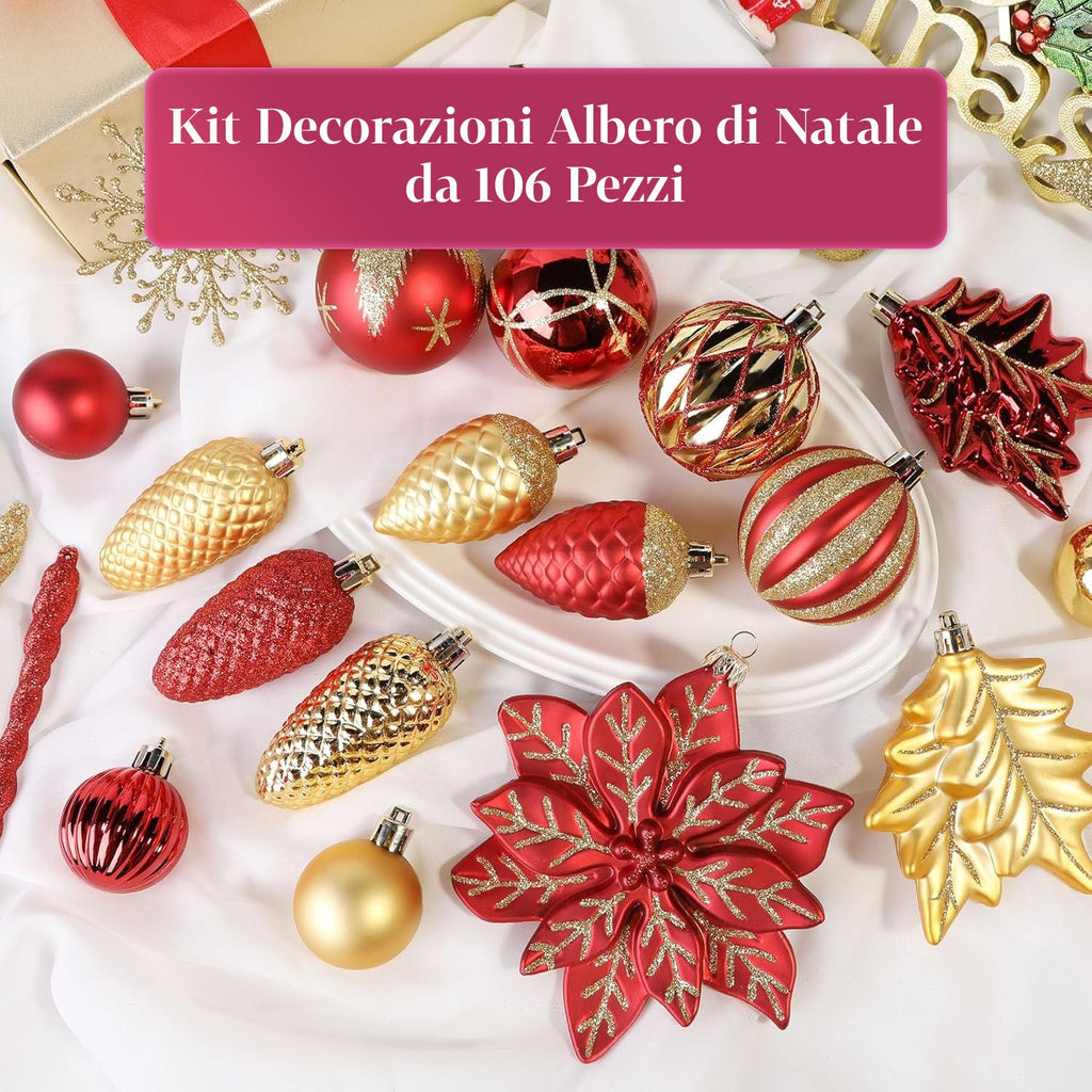 Set Addobbi Natalizi 106 Pezzi Rosso e Oro – Con Stelle e Fiori Glitter