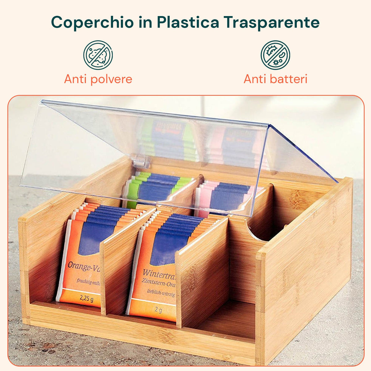 Porta Tisane e Tè in Bambù con 6 Scomparti Pratici