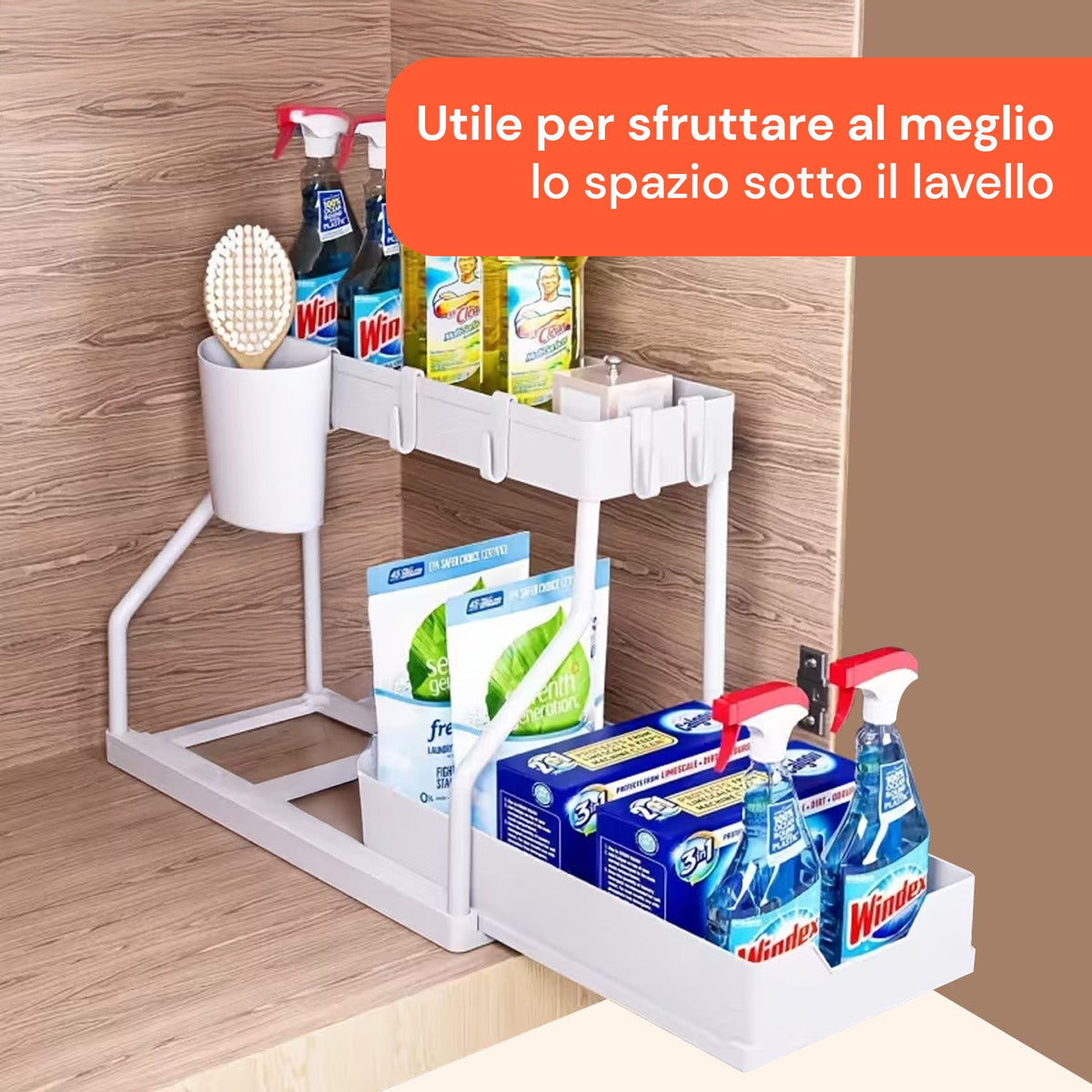 Organizer Estraibile Salvaspazio con Cestello e Ganci per Bagno o Cucina