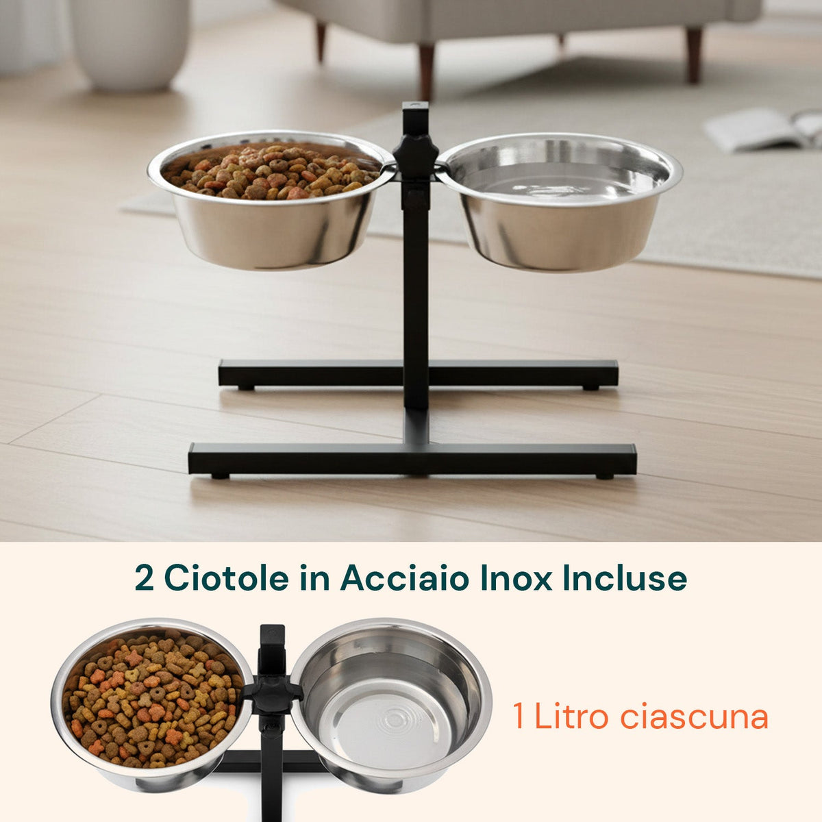 Rialzo per Ciotole per Cani e Gatti – Altezza Regolabile e 2 Ciotole in Acciaio da 1L