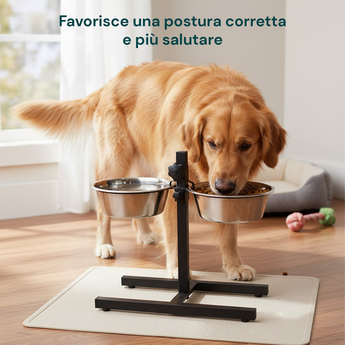 Rialzo per Ciotole per Cani e Gatti – Altezza Regolabile e 2 Ciotole in Acciaio da 1L