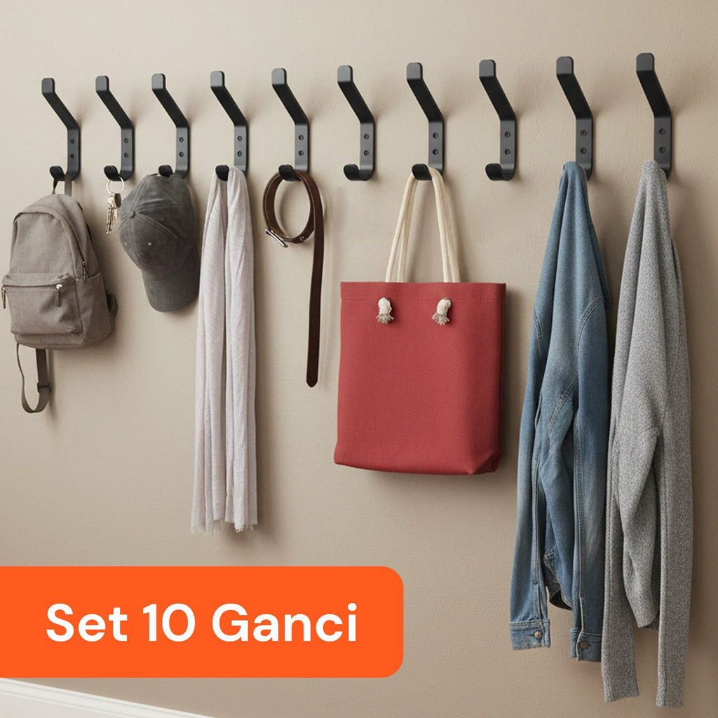 Ganci Appenditutto da Parete in Metallo Nero, 10 Pezzi con Kit di Montaggio