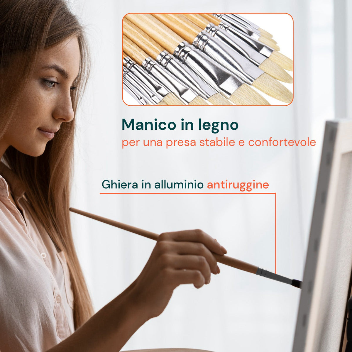 Set 24 Pennelli Professionali in Nylon con Manico in Legno di Betulla
