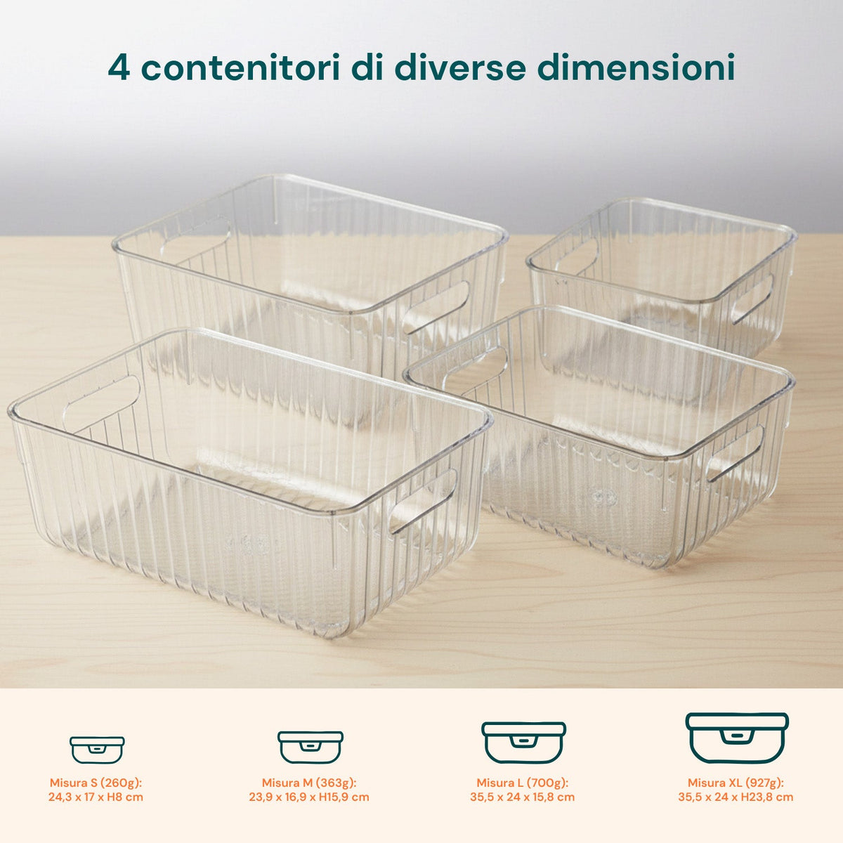 Set 4 Contenitori Trasparenti con Manici – Impilabili e Resistenti