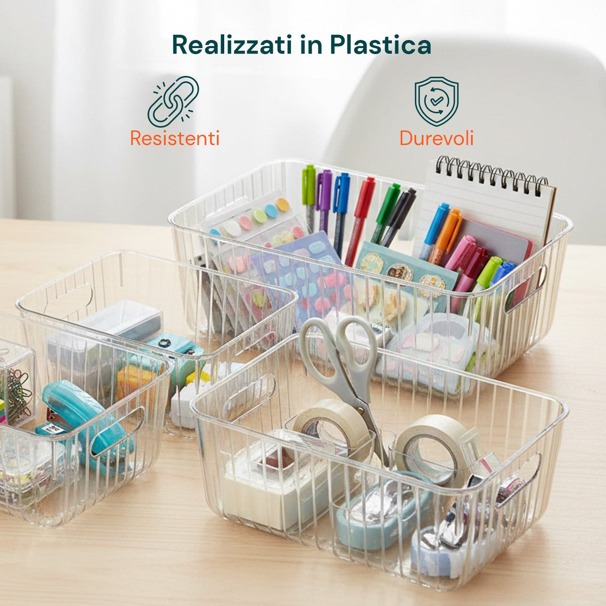 Set 4 Contenitori Trasparenti con Manici – Impilabili e Resistenti