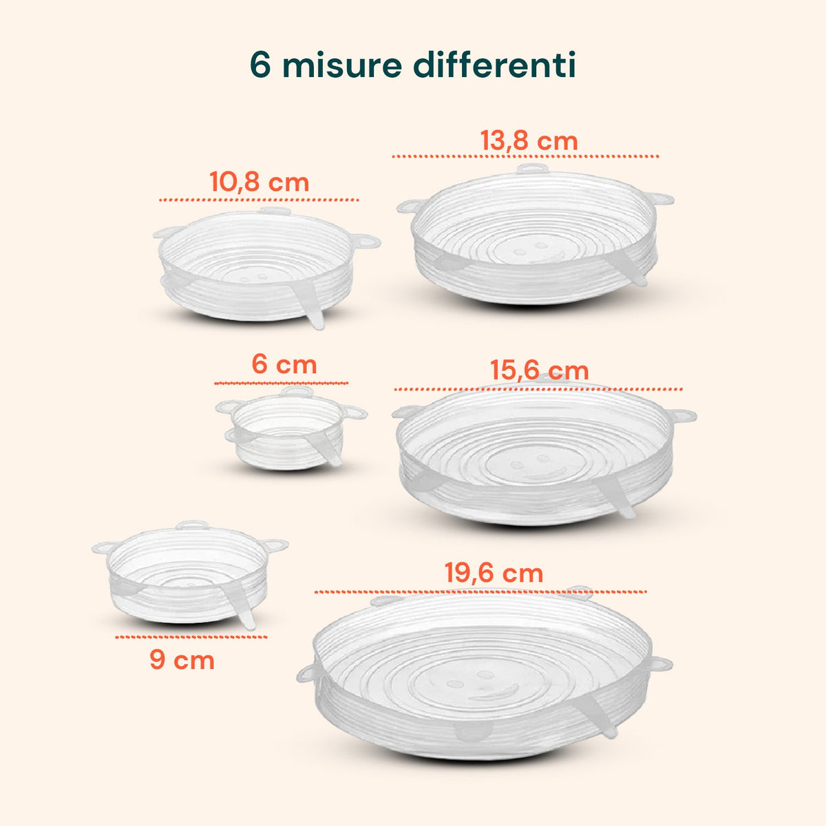Coperchi in Silicone Estensibili – Set da 6 Misure da 6 a 19,6 cm, Riutilizzabili e Senza BPA