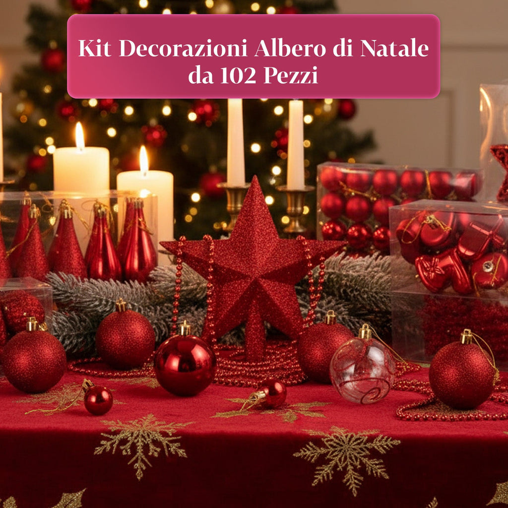 Red Christmas Decoration Kit – 102 Pieces with Star and Assorted Ornaments