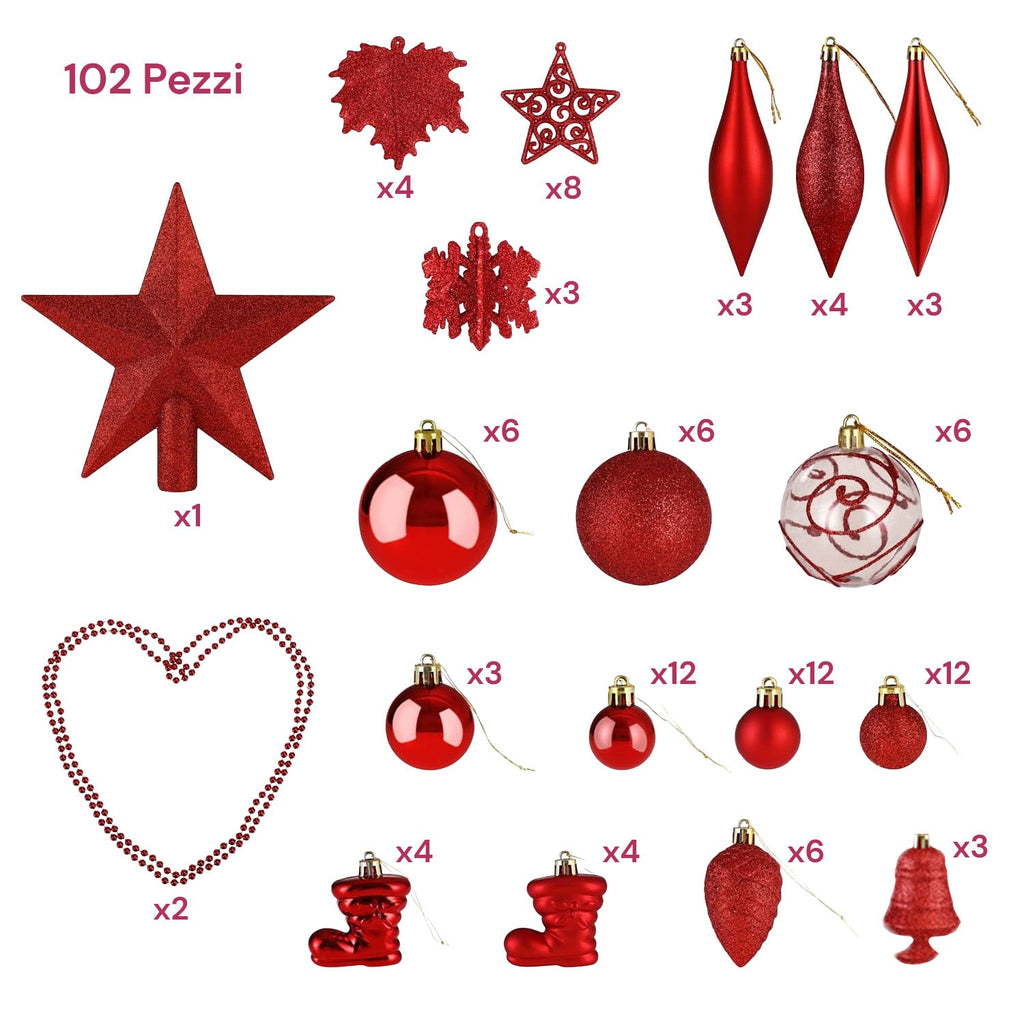 Red Christmas Decoration Kit – 102 Pieces with Star and Assorted Ornaments