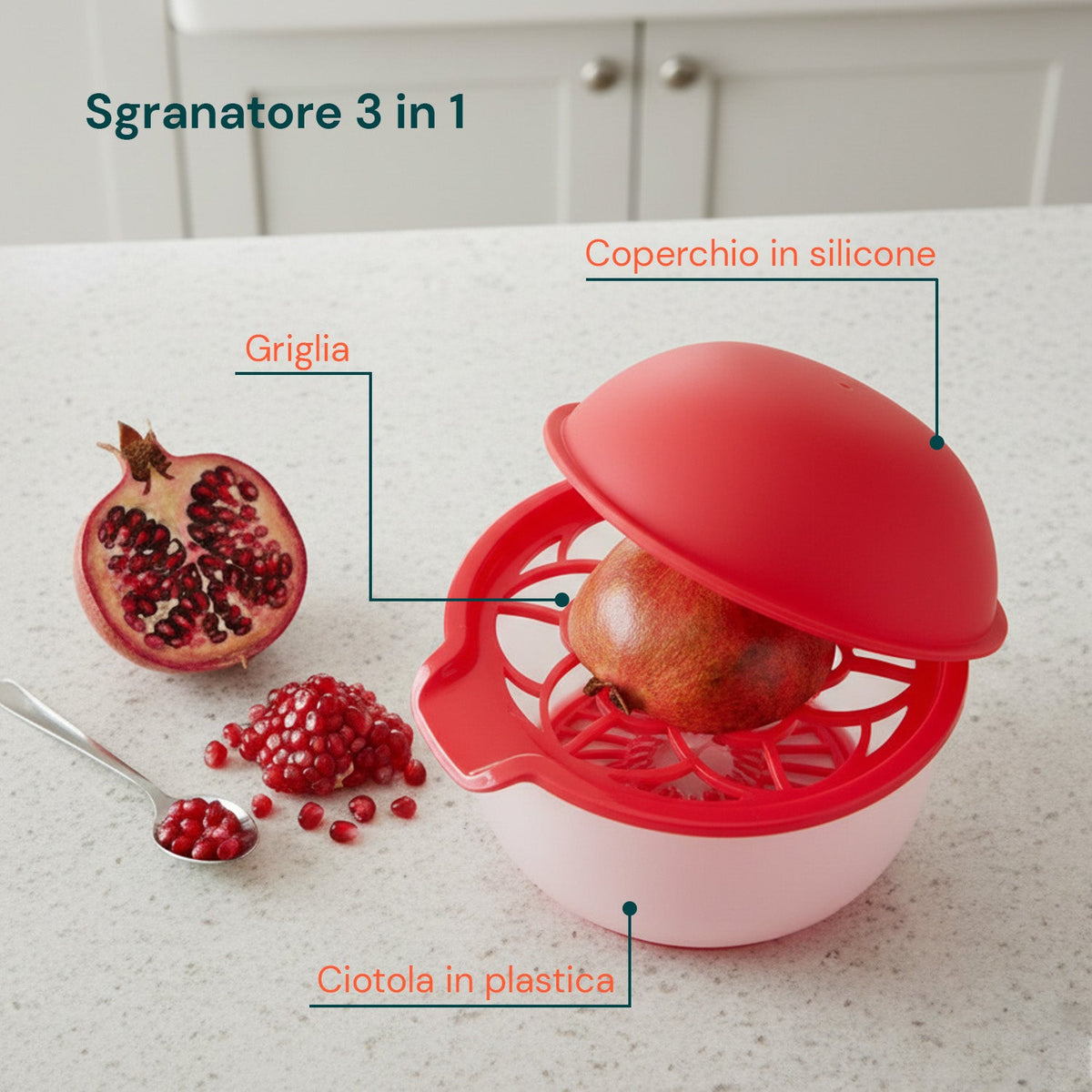 Sgranatore di Melograno con Coperchio, Griglia Antischizzo e Ciotola