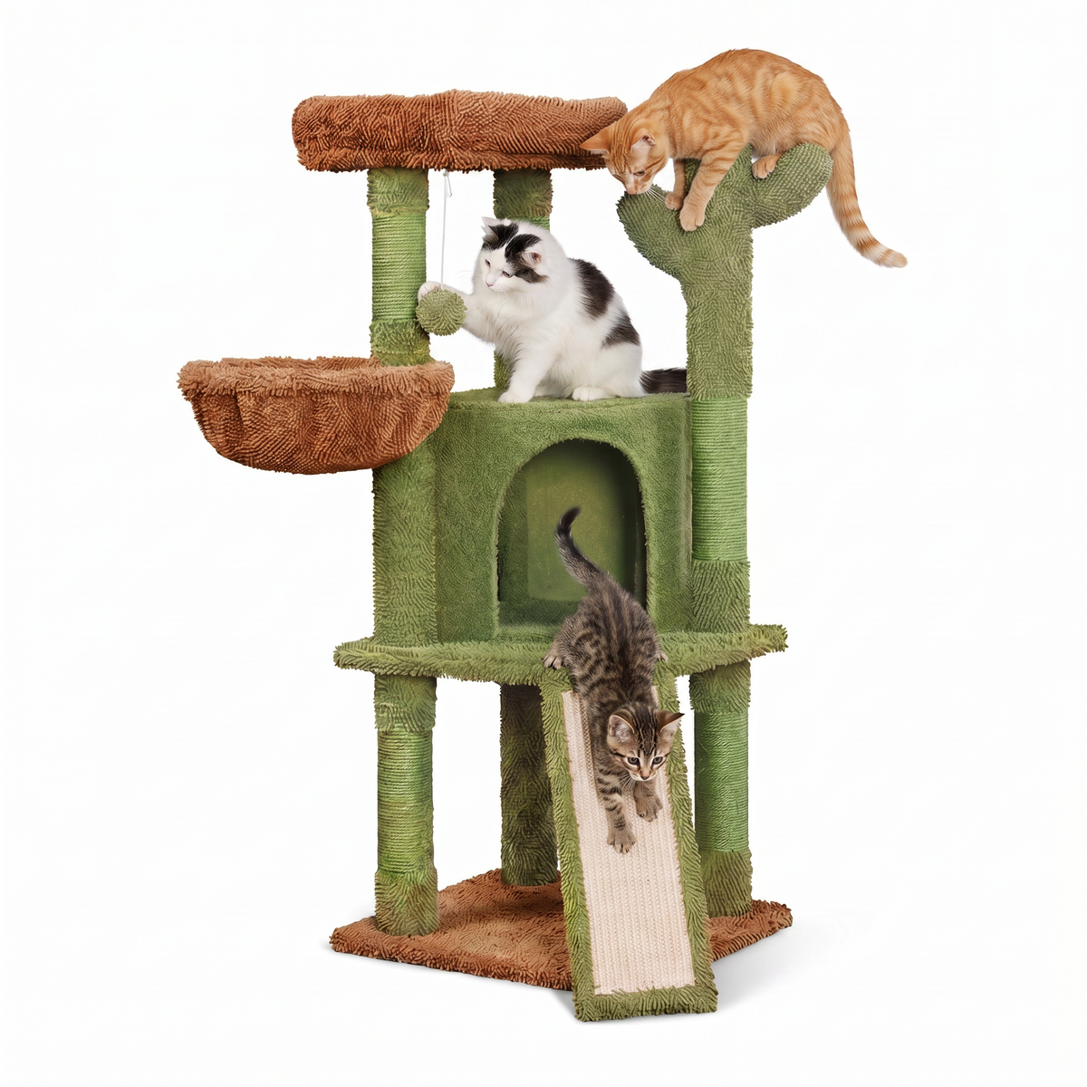 Tiragraffi per Gatti a Forma di Cactus 106,5 cm - in Sisal Naturale con Casetta, Cuccia a Cestino e Pallina Gioco
