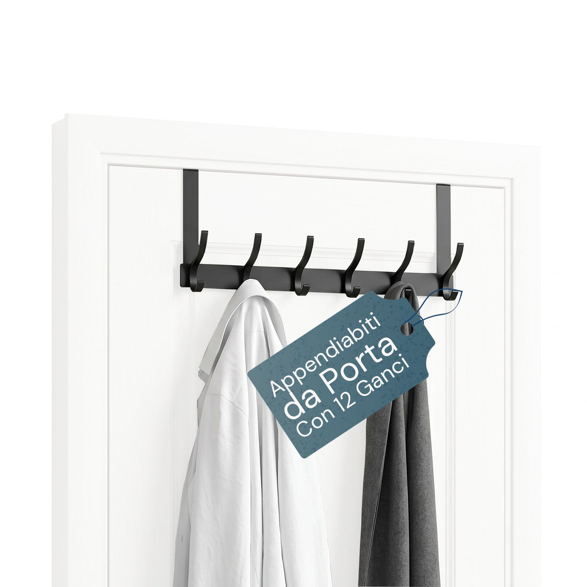 Appendiabiti da Porta in Alluminio con 12 Ganci, Portata 10kg – Adatto per Porte con Spessore da 4,1-4,5 cm
