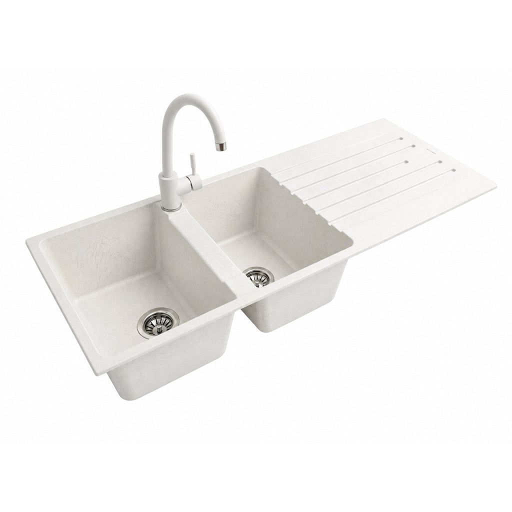 Lavello cucina a due vasche con o senza gocciolatoio, bianco o nero, rubinetto incluso