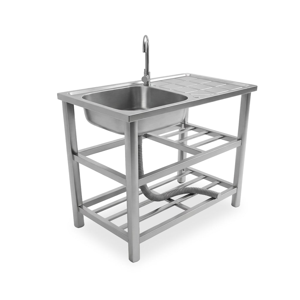 Lavello multifunzione in acciaio inox con fontana - Lavandino con vasca, gocciolatoio e doppia mensola - Reversibile Dx/Sx - 75x40x80 cm