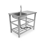Lavello multifunzione in acciaio inox con fontana - Lavandino con vasca, gocciolatoio e doppia mensola - Reversibile Dx/Sx - 75x40x80 cm