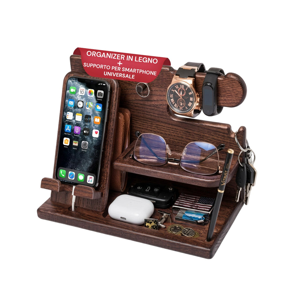 Organizer da Scrivania in Legno con Supporto Smartphone e Porta Orologi – Compreso di Alloggiamento per il Cavo di Ricarica – 25,5x15x18,5 cm