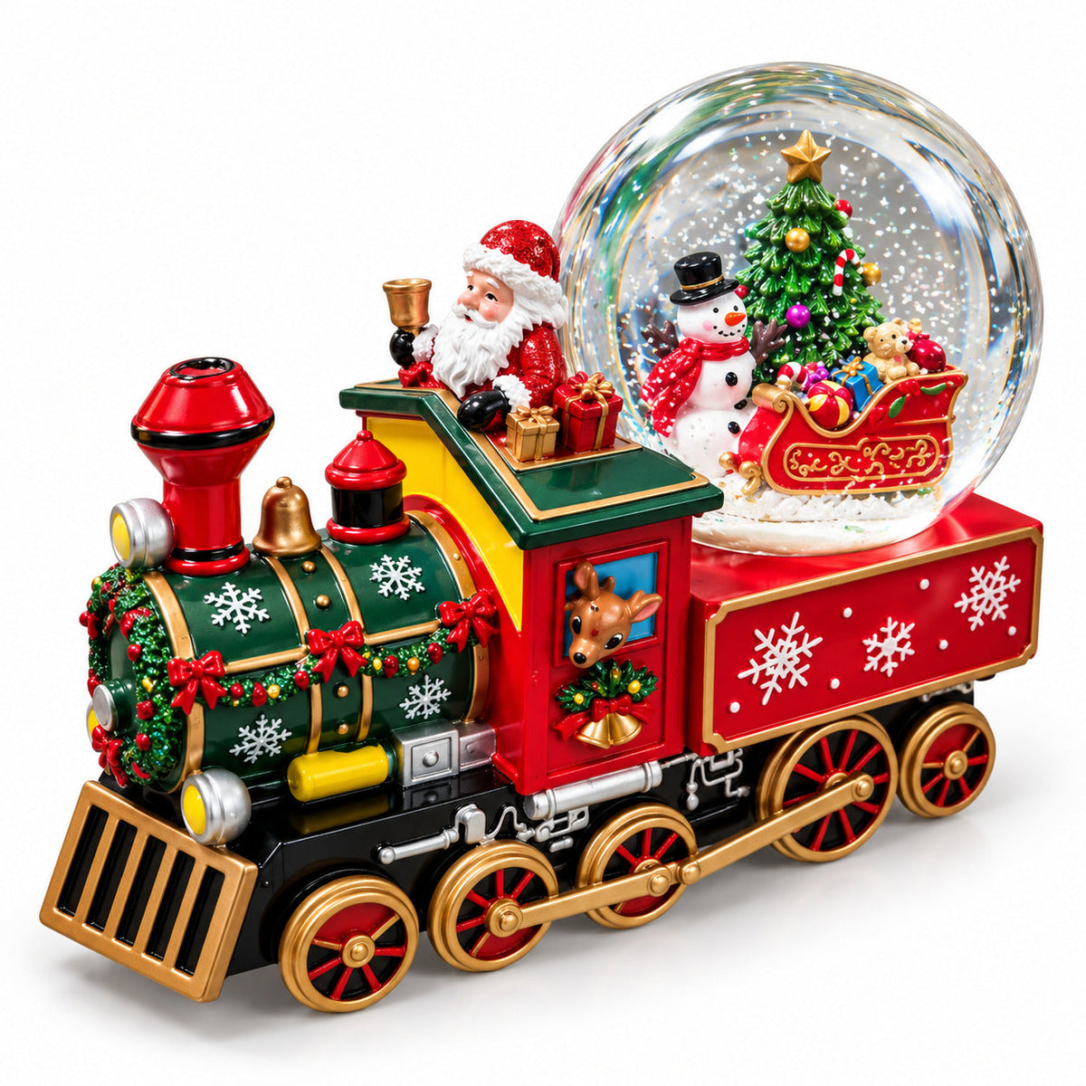 Carillon locomotiva natalizia con sfera di neve in vetro, Babbo Natale sul treno, a carica meccanica, dimensioni 22x13x17,5 cm