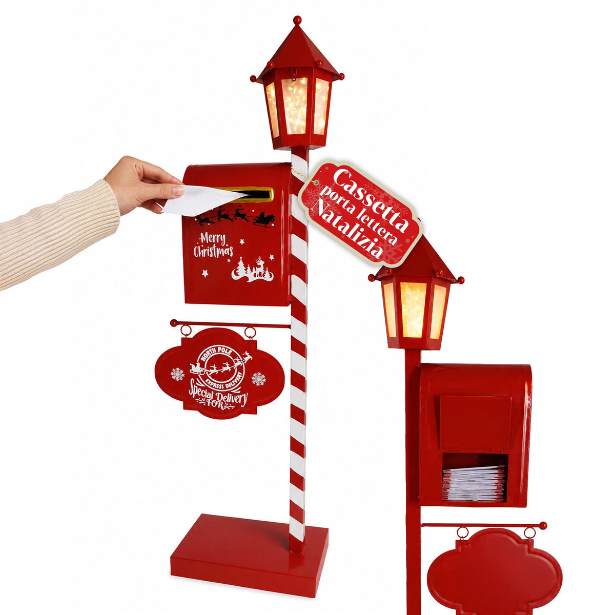 DeerPost Cassetta Postale Natalizia con Lanterna a LED e Sportello Posteriore, Decorazione in Metallo con Cartello Pendente, Altezza 92,5 cm