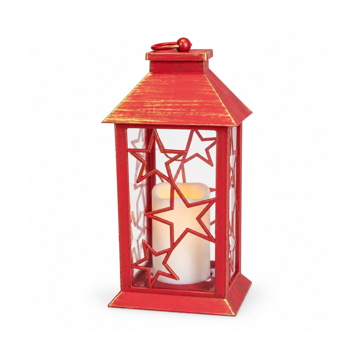 Lanterna Natalizia Rossa a LED 30 cm, Candela con Effetto Fiamma, da Appendere o da Appoggio, 14x14x30 cm, 2 Decorazioni Disponibili: Stelle o Fiocchi di Neve