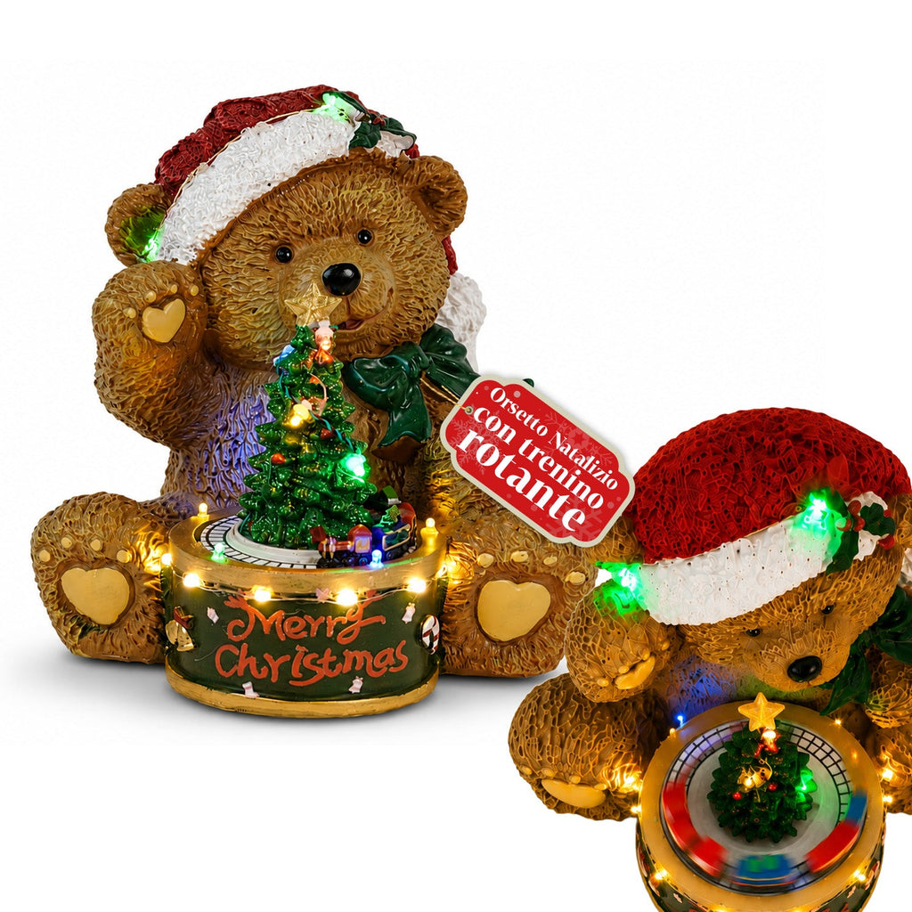 Orsetto di Natale Luminoso con Trenino Rotante e Carillon, Teddy XMAS Bear Station, Decorazione Natalizia LED in Poliresina 20,5 cm