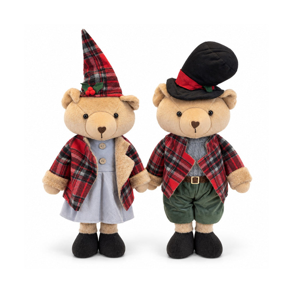 Orso natalizio decorativo 85 cm, peluche da arredo con cappello e abito scozzese, base stabile, rosso o marrone tartan