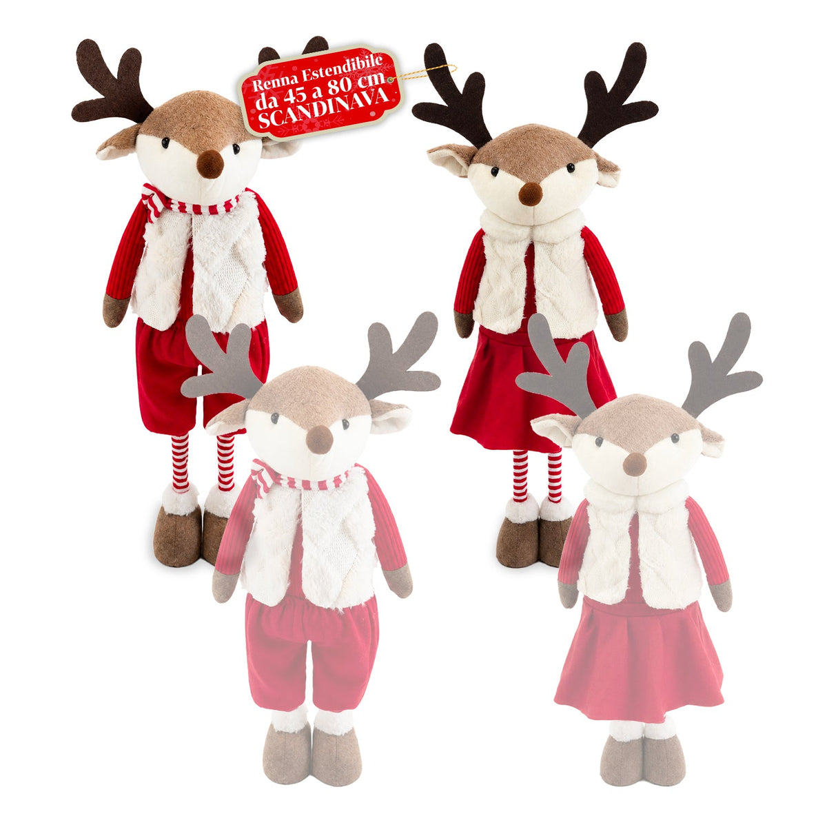 Renna Natalizia Estensibile 45-80 cm con Gambe Telescopiche, Struttura in Ferro – 2 Outfit Scandinavo o Country