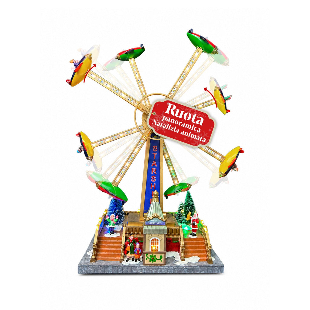 Ruota Panoramica Natalizia SkyWheel con Luci LED, Melodie e Doppia Rotazione, Villaggio con Biglietteria e Personaggi, 47,7 cm